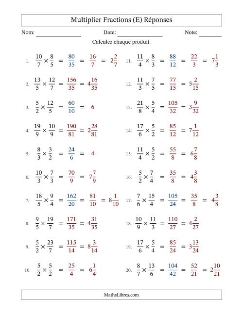 Multiplier deux fractions impropres, et avec simplification dans quelques problèmes (E) page 2
