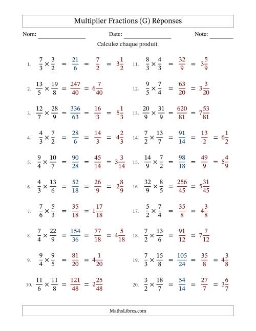 Multiplier deux fractions impropres, et avec simplification dans quelques problèmes (G) page 2