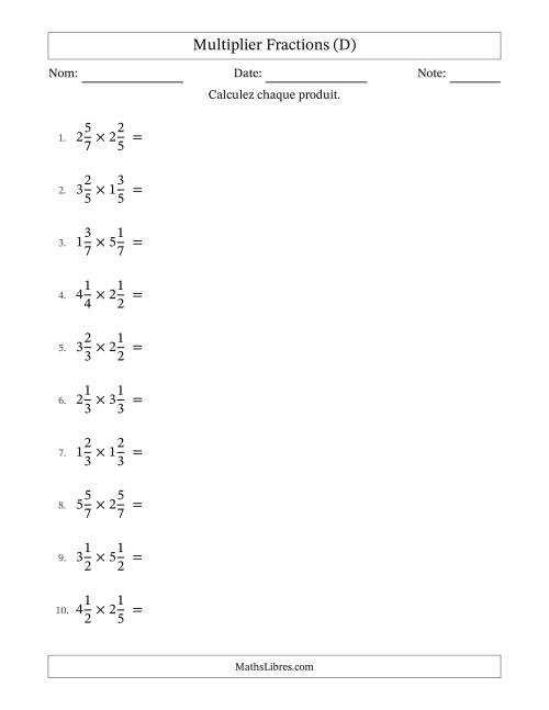 Multiplier deux fractions mixtes, et sans simplification (D)