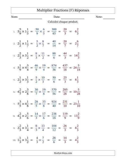 Multiplier deux fractions mixtes, et avec simplification dans tous les problèmes (F) page 2