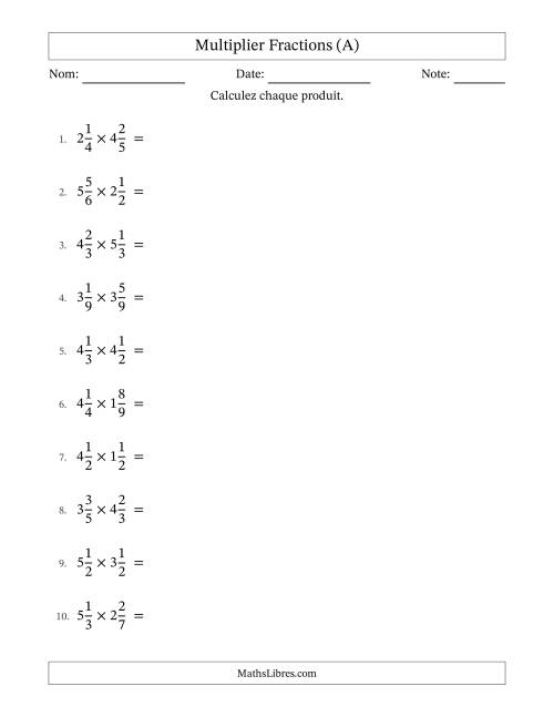 Multiplier deux fractions mixtes, et avec simplification dans quelques problèmes (A)