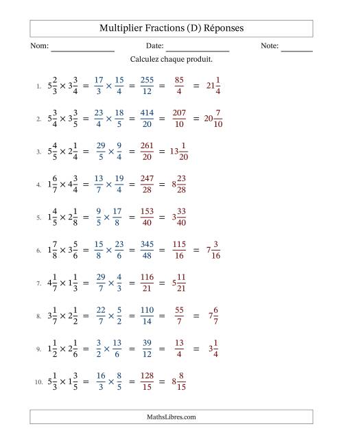 Multiplier deux fractions mixtes, et avec simplification dans quelques problèmes (D) page 2
