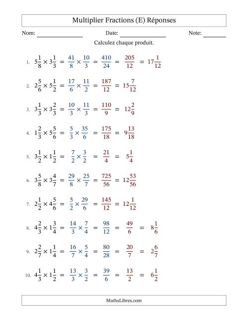 Multiplier deux fractions mixtes, et avec simplification dans quelques problèmes (E) page 2