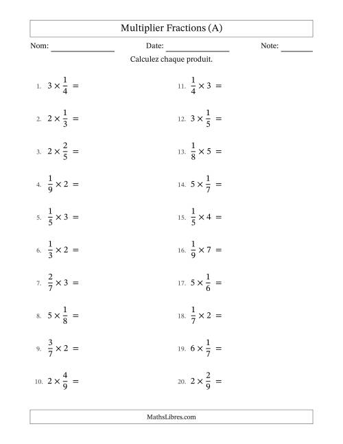 Multiplier fractions propres by Whole Numbers, et sans simplification (A)