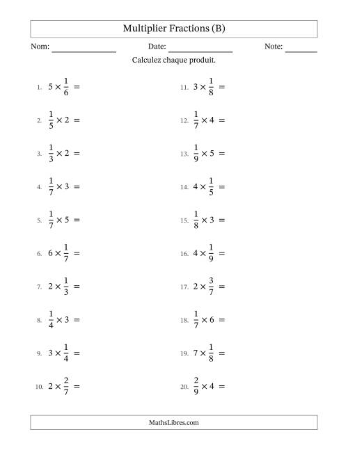Multiplier fractions propres by Whole Numbers, et sans simplification (B)