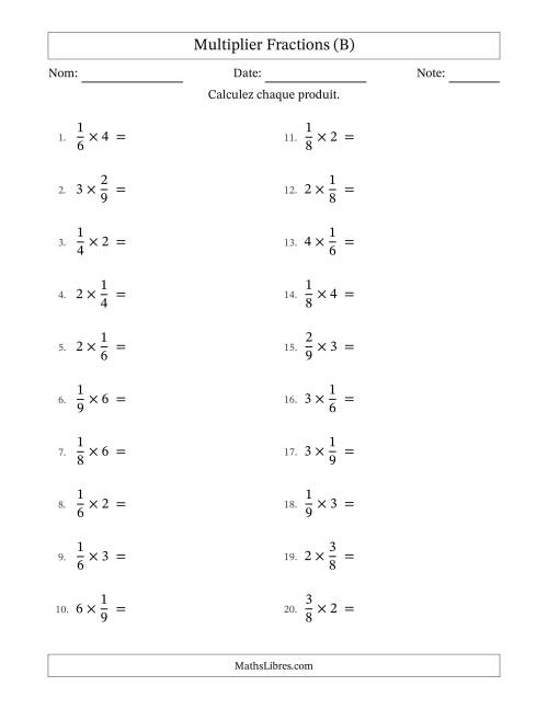 Multiplier fractions propres by Whole Numbers, et avec simplification dans tous les problèmes (B)