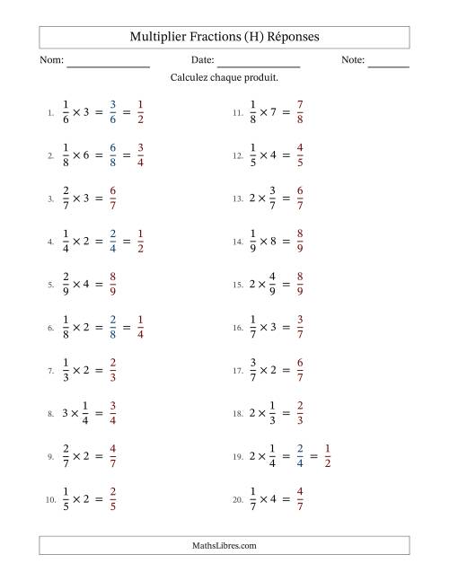 Multiplier fractions propres by Whole Numbers, et avec simplification dans quelques problèmes (H) page 2