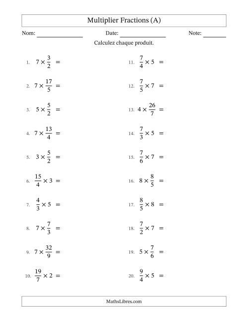 Multiplier Improper Fractions by Whole Numbers, et sans simplification (A)