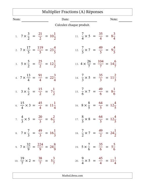 Multiplier Improper Fractions by Whole Numbers, et sans simplification (A) page 2