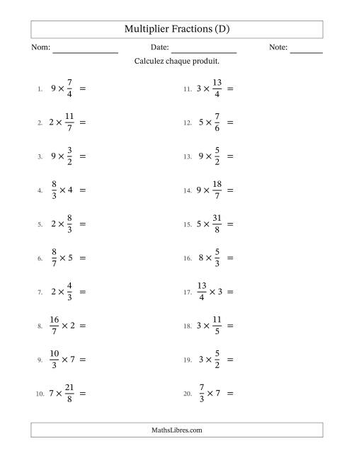 Multiplier Improper Fractions by Whole Numbers, et sans simplification (D)