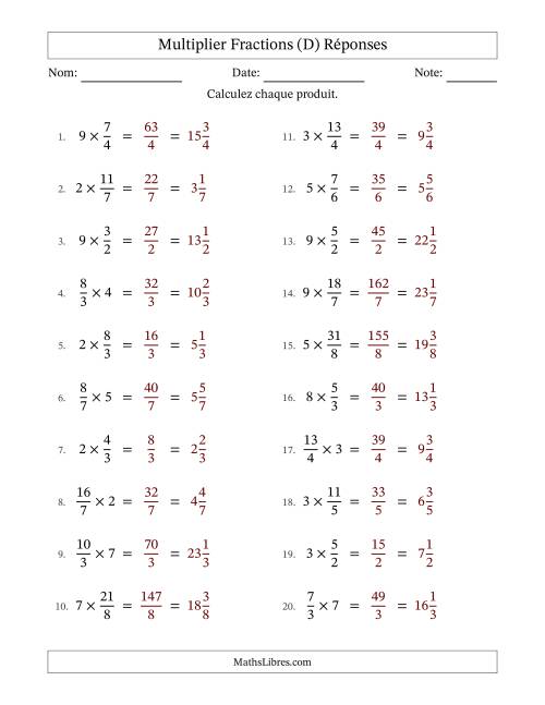Multiplier Improper Fractions by Whole Numbers, et sans simplification (D) page 2