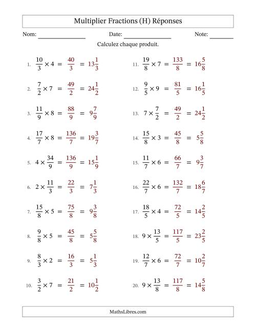 Multiplier Improper Fractions by Whole Numbers, et sans simplification (H) page 2