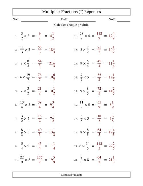 Multiplier Improper Fractions by Whole Numbers, et sans simplification (J) page 2