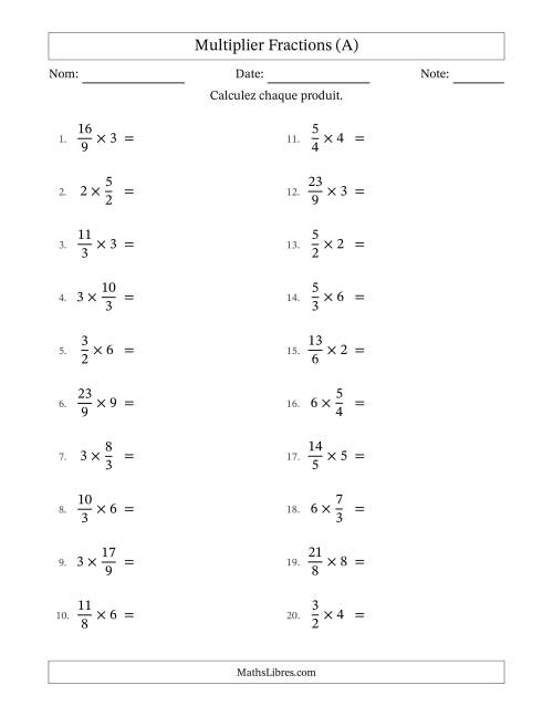 Multiplier Improper Fractions by Whole Numbers, et avec simplification dans tous les problèmes (A)