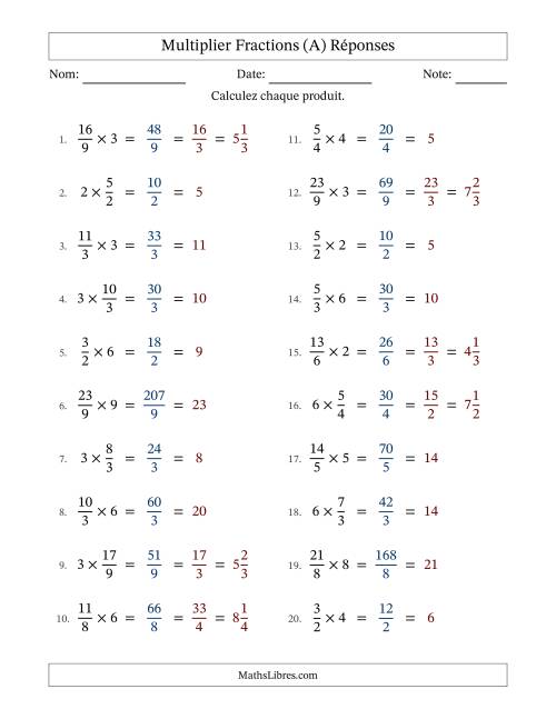 Multiplier Improper Fractions by Whole Numbers, et avec simplification dans tous les problèmes (A) page 2