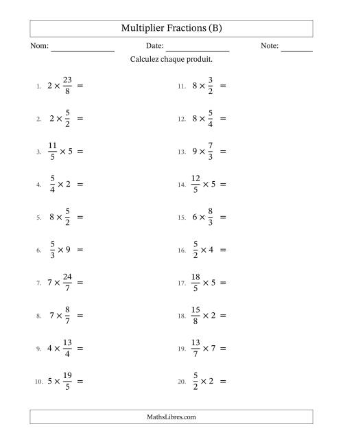 Multiplier Improper Fractions by Whole Numbers, et avec simplification dans tous les problèmes (B)