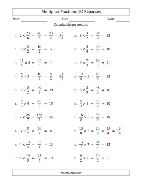 Multiplier Improper Fractions by Whole Numbers, et avec simplification dans tous les problèmes (B) page 2