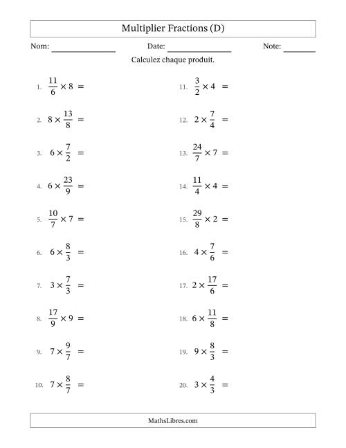 Multiplier Improper Fractions by Whole Numbers, et avec simplification dans tous les problèmes (D)