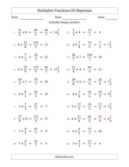 Multiplier Improper Fractions by Whole Numbers, et avec simplification dans tous les problèmes (D) page 2