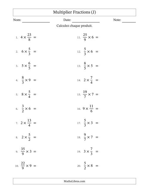 Multiplier Improper Fractions by Whole Numbers, et avec simplification dans tous les problèmes (J)