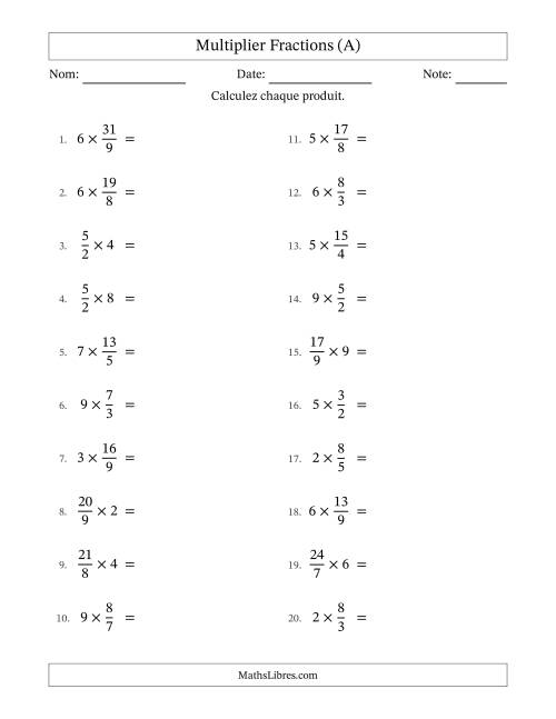 Multiplier Improper Fractions by Whole Numbers, et avec simplification dans quelques problèmes (A)