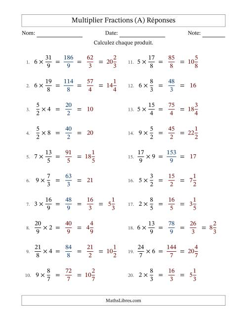 Multiplier Improper Fractions by Whole Numbers, et avec simplification dans quelques problèmes (A) page 2