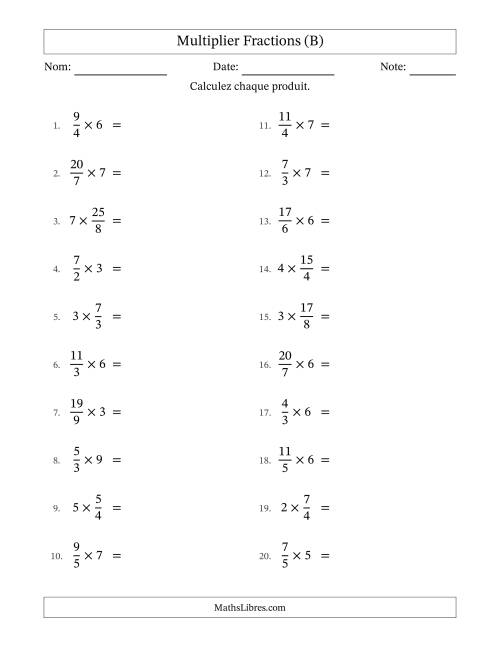 Multiplier Improper Fractions by Whole Numbers, et avec simplification dans quelques problèmes (B)