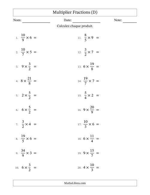 Multiplier Improper Fractions by Whole Numbers, et avec simplification dans quelques problèmes (D)