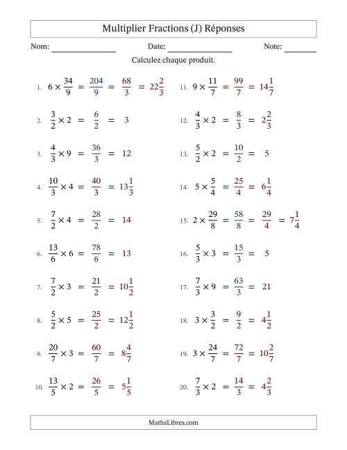 Multiplier Improper Fractions by Whole Numbers, et avec simplification dans quelques problèmes (J) page 2