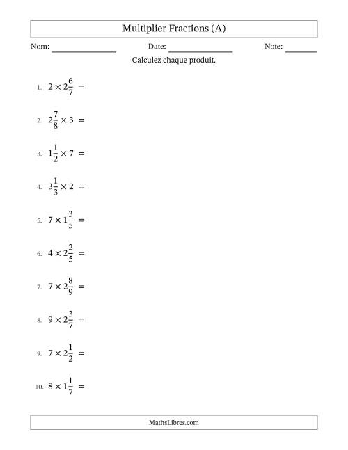 Multiplier fractions mixtes con nombres éntiers, et sans simplification (A)