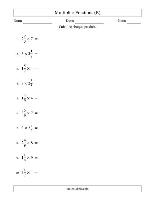 Multiplier fractions mixtes con nombres éntiers, et sans simplification (B)