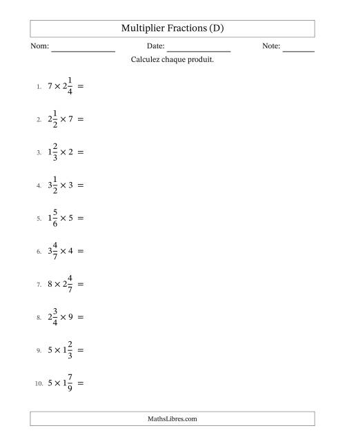 Multiplier fractions mixtes con nombres éntiers, et sans simplification (D)