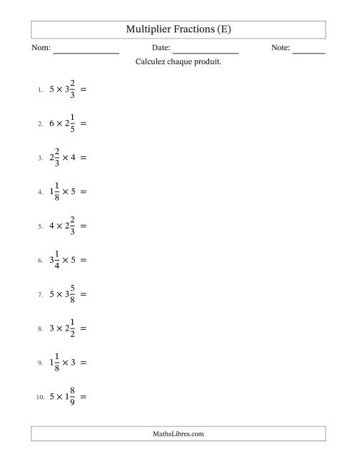 Multiplier fractions mixtes con nombres éntiers, et sans simplification (E)