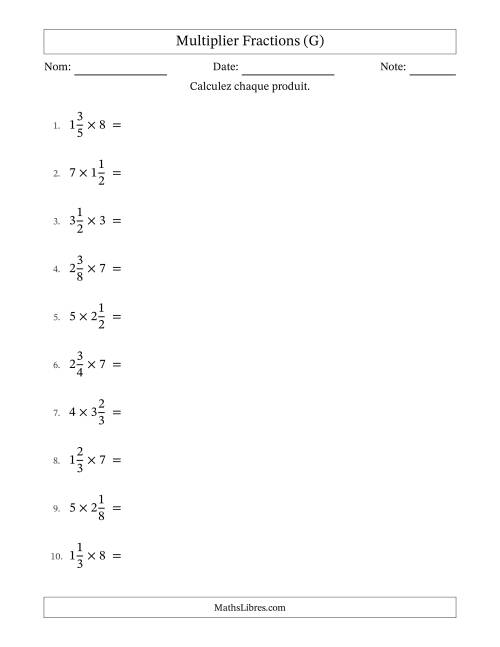 Multiplier fractions mixtes con nombres éntiers, et sans simplification (G)