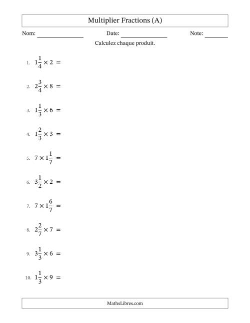 Multiplier fractions mixtes con nombres éntiers, et avec simplification dans tous les problèmes (A)