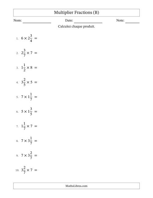 Multiplier fractions mixtes con nombres éntiers, et avec simplification dans tous les problèmes (B)