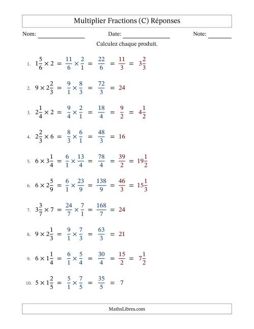 Multiplier fractions mixtes con nombres éntiers, et avec simplification dans tous les problèmes (C) page 2