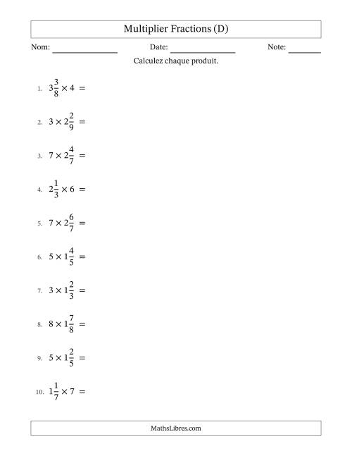 Multiplier fractions mixtes con nombres éntiers, et avec simplification dans tous les problèmes (D)