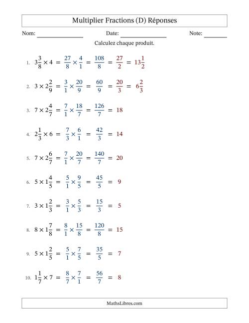 Multiplier fractions mixtes con nombres éntiers, et avec simplification dans tous les problèmes (D) page 2