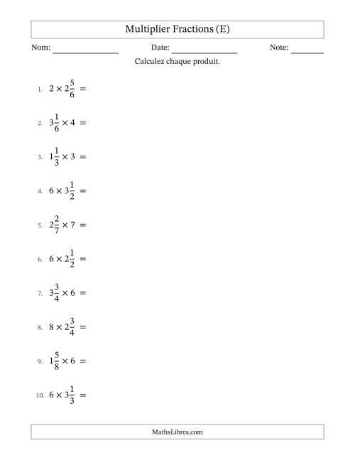 Multiplier fractions mixtes con nombres éntiers, et avec simplification dans tous les problèmes (E)