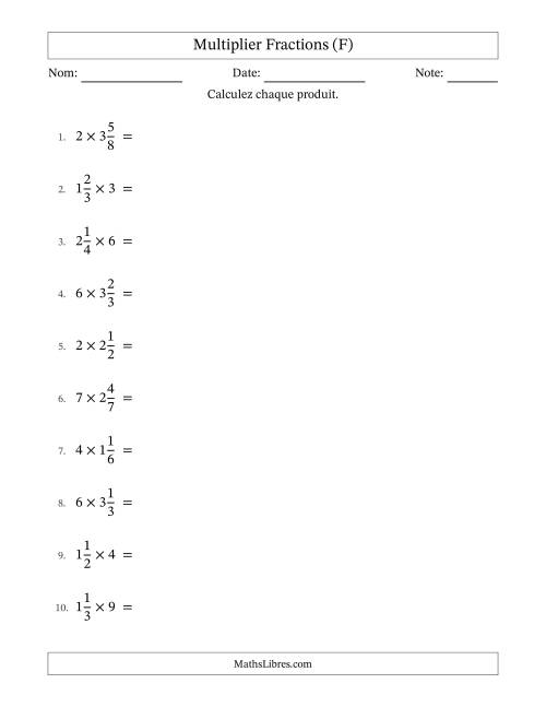 Multiplier fractions mixtes con nombres éntiers, et avec simplification dans tous les problèmes (F)