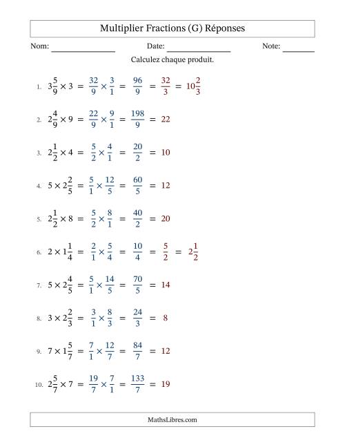 Multiplier fractions mixtes con nombres éntiers, et avec simplification dans tous les problèmes (G) page 2