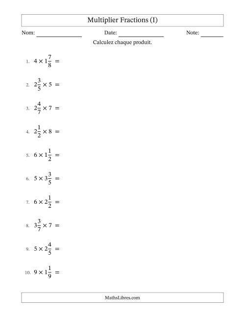 Multiplier fractions mixtes con nombres éntiers, et avec simplification dans tous les problèmes (I)