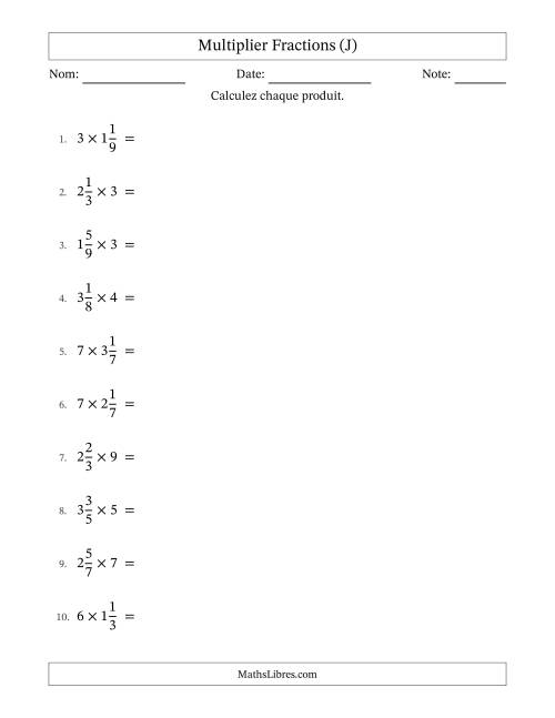 Multiplier fractions mixtes con nombres éntiers, et avec simplification dans tous les problèmes (J)