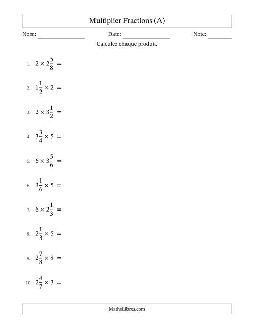 Multiplier fractions mixtes con nombres éntiers, et avec simplification dans quelques problèmes (A)