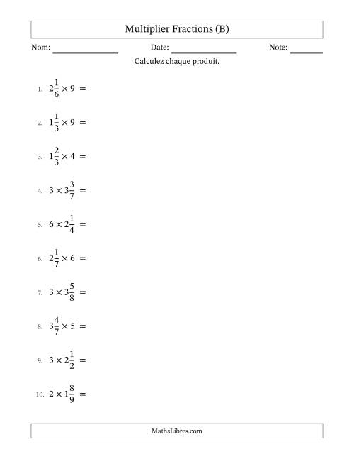 Multiplier fractions mixtes con nombres éntiers, et avec simplification dans quelques problèmes (B)