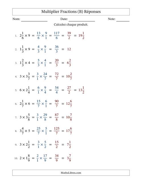 Multiplier fractions mixtes con nombres éntiers, et avec simplification dans quelques problèmes (B) page 2