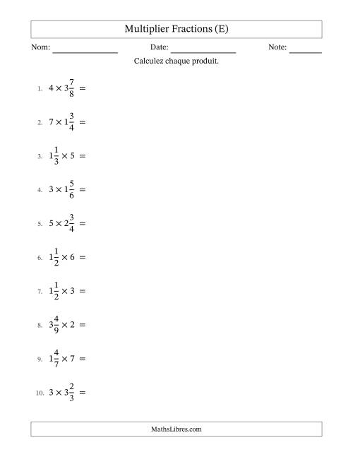 Multiplier fractions mixtes con nombres éntiers, et avec simplification dans quelques problèmes (E)
