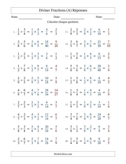 Diviser deux fractions propres, et avec simplification dans tous les problèmes (A) page 2