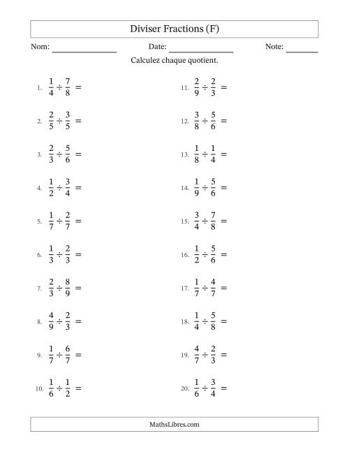 Diviser deux fractions propres, et avec simplification dans tous les problèmes (F)